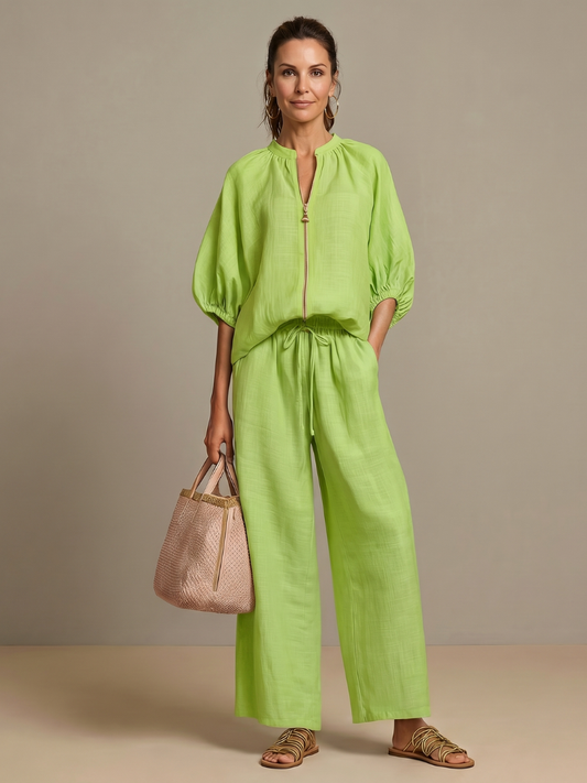 Natalia | Zip-Front Blouson Top & Wide-Leg Set