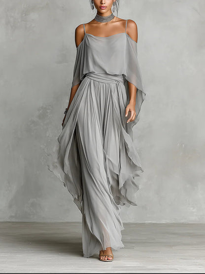 Grey Chiffon Two-Piece Set: Sleeveless Top and Pants