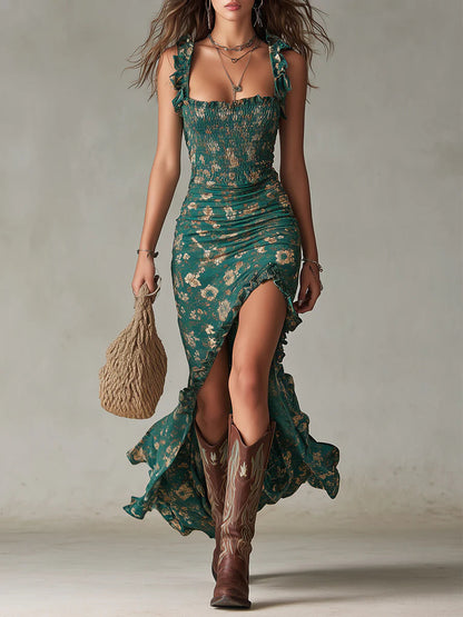 Green Boho Maxi Dress with Print and Ruffle Sleeves