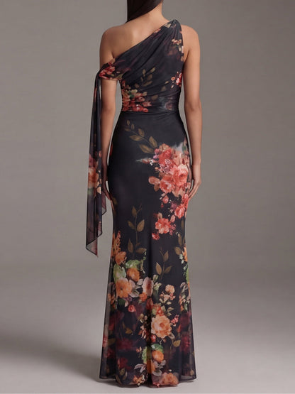 Black Pleated One-Shoulder Maxi Dress