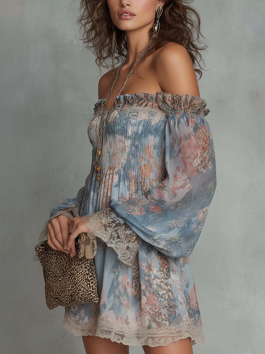 Romane | Ruffled Mousseline Short Dress with Off-Shoulder Neckline and Romantic Flowers