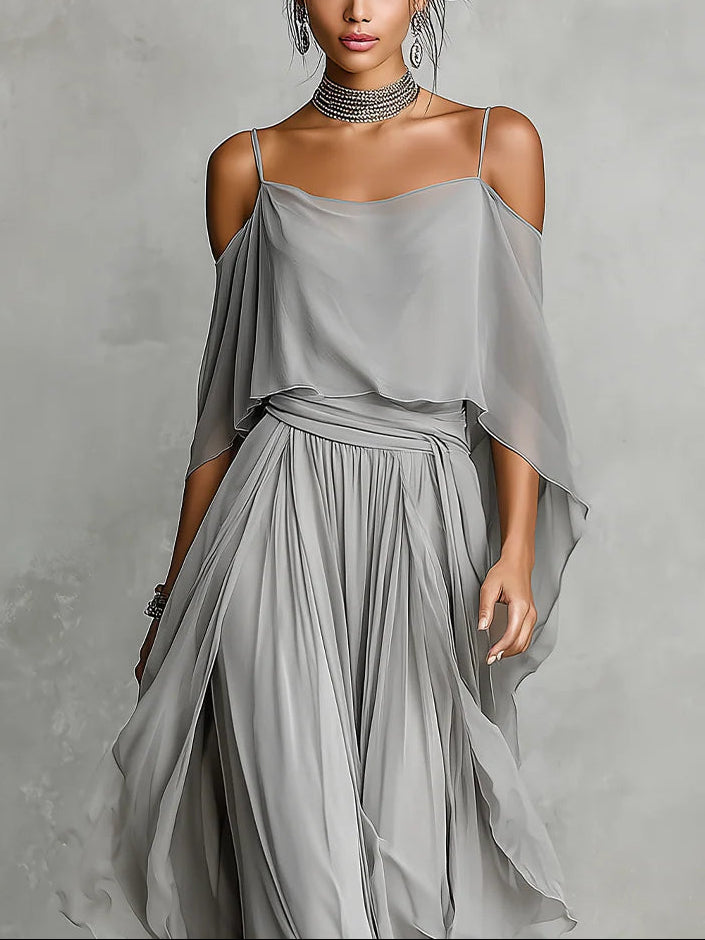 Grey Chiffon Two-Piece Set: Sleeveless Top and Pants