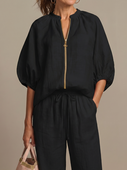 Natalia | Zip-Front Blouson Top & Wide-Leg Set
