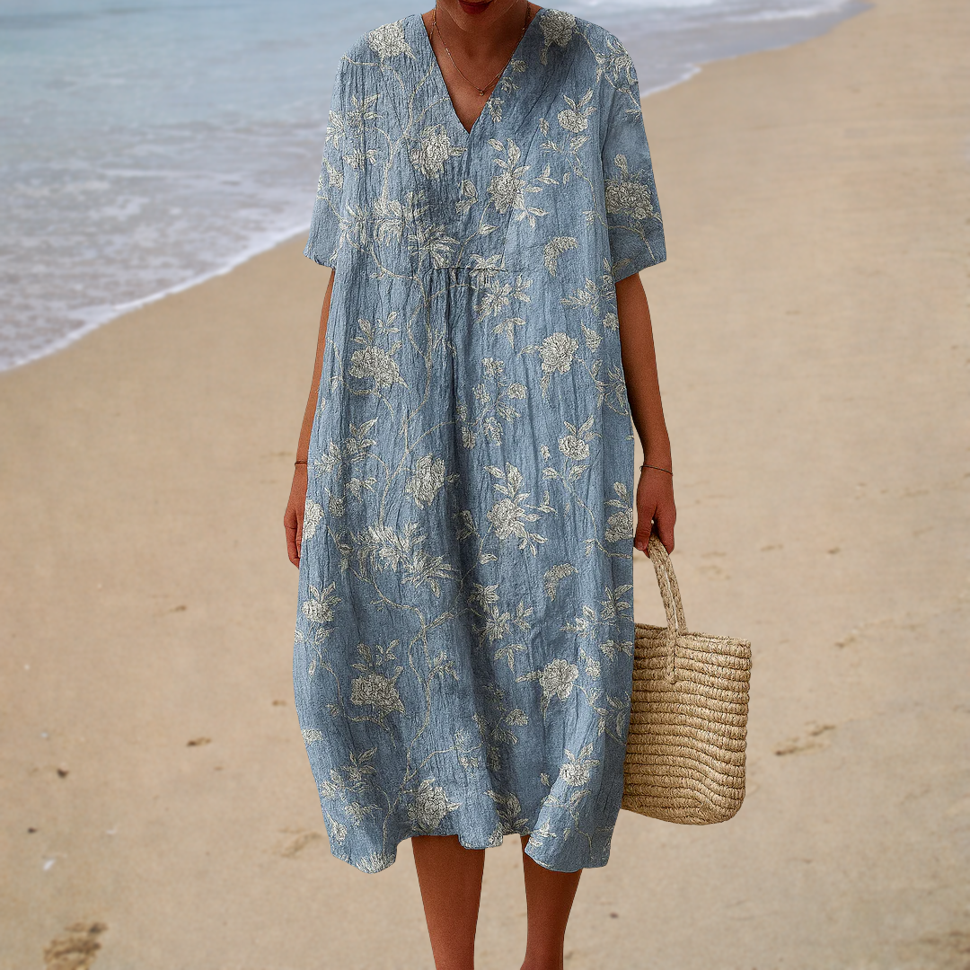 Purple Summer Dress — V-Neck, Floral Print