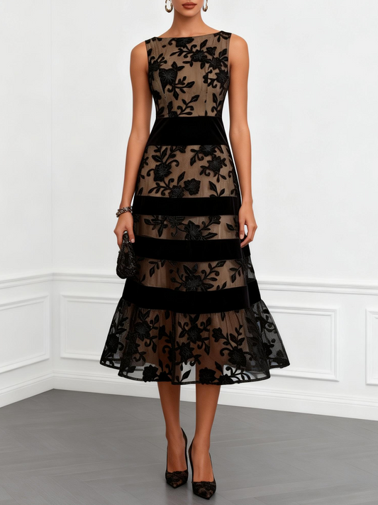 Sleeveless A-Line Midi Dress in Black Floral Mesh
