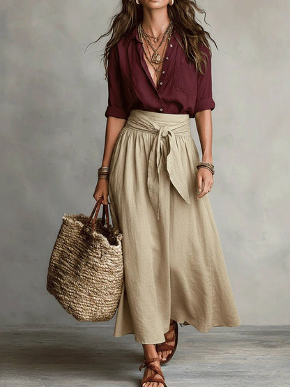 Aitina | Two-Piece Set with Black Shirt and Midi Skirt