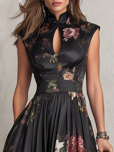 Black Pleated Satin Midi Dress with Keyhole Neckline