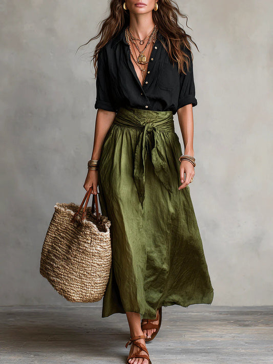 Aitina | Two-Piece Set with Black Shirt and Midi Skirt