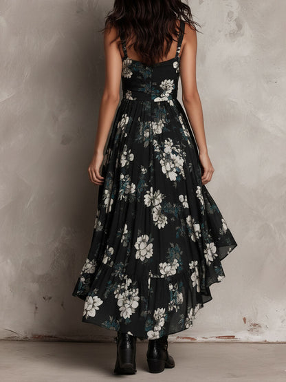 Black Strapless Maxi Dress with Floral Print