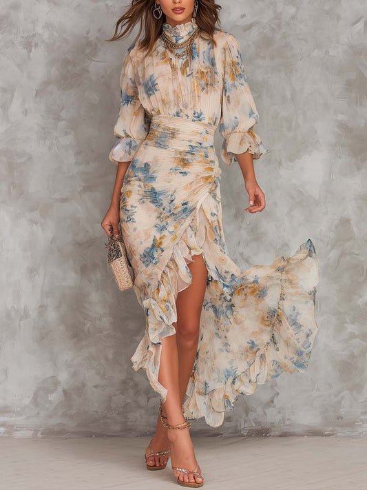Asymmetric Floral Chiffon Maxi Dress