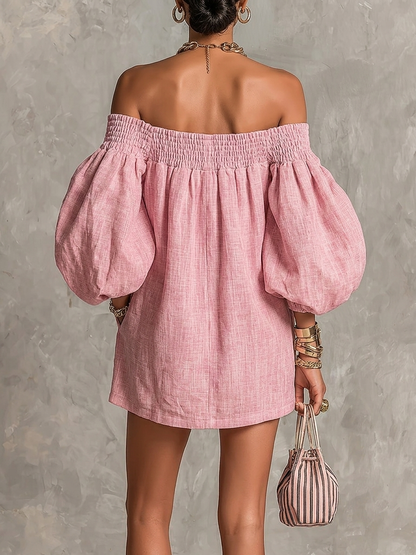 Violette | Pink Short A-Line Dress with Lantern Sleeves and Off-Shoulder Neckline
