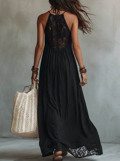 Black Sleeveless Maxi Dress with Boho Lace Detail