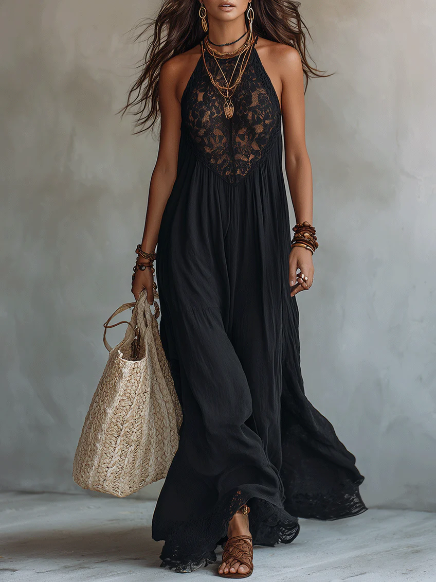 Black Sleeveless Maxi Dress with Boho Lace Detail