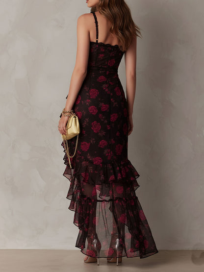 Chic Black and Red Floral Dress with Ruffle Detail