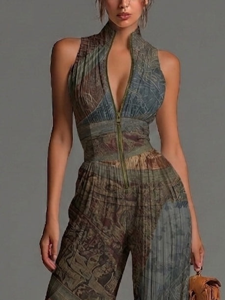 Sleeveless Chiffon Jumpsuit with Boho Ethnic Print