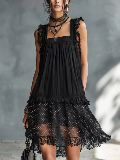 Pauline | Sheer Polka-Dot Short Dress with Ruffles and Black Lace Trim