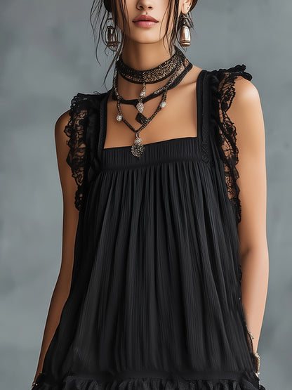 Pauline | Sheer Polka-Dot Short Dress with Ruffles and Black Lace Trim