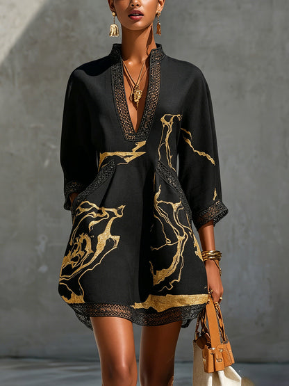 Léonie | Black Crochet Lace Short Dress with Gold Motifs and V-Neck