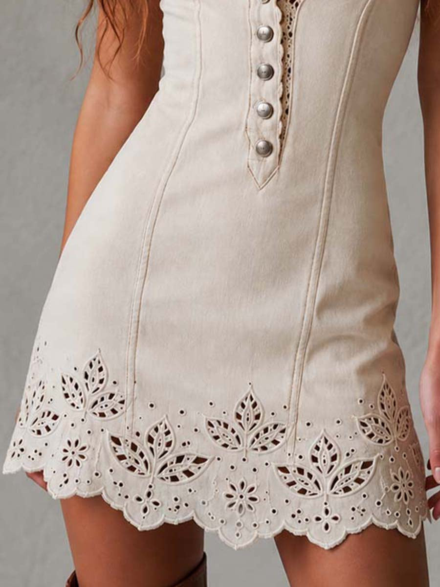 Gabrielle | Ivory Openwork Lace Short Dress with V-Neck